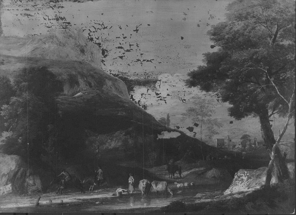 Un paesaggio collinare con due uomini a cavallo al galoppo - Royal Collection